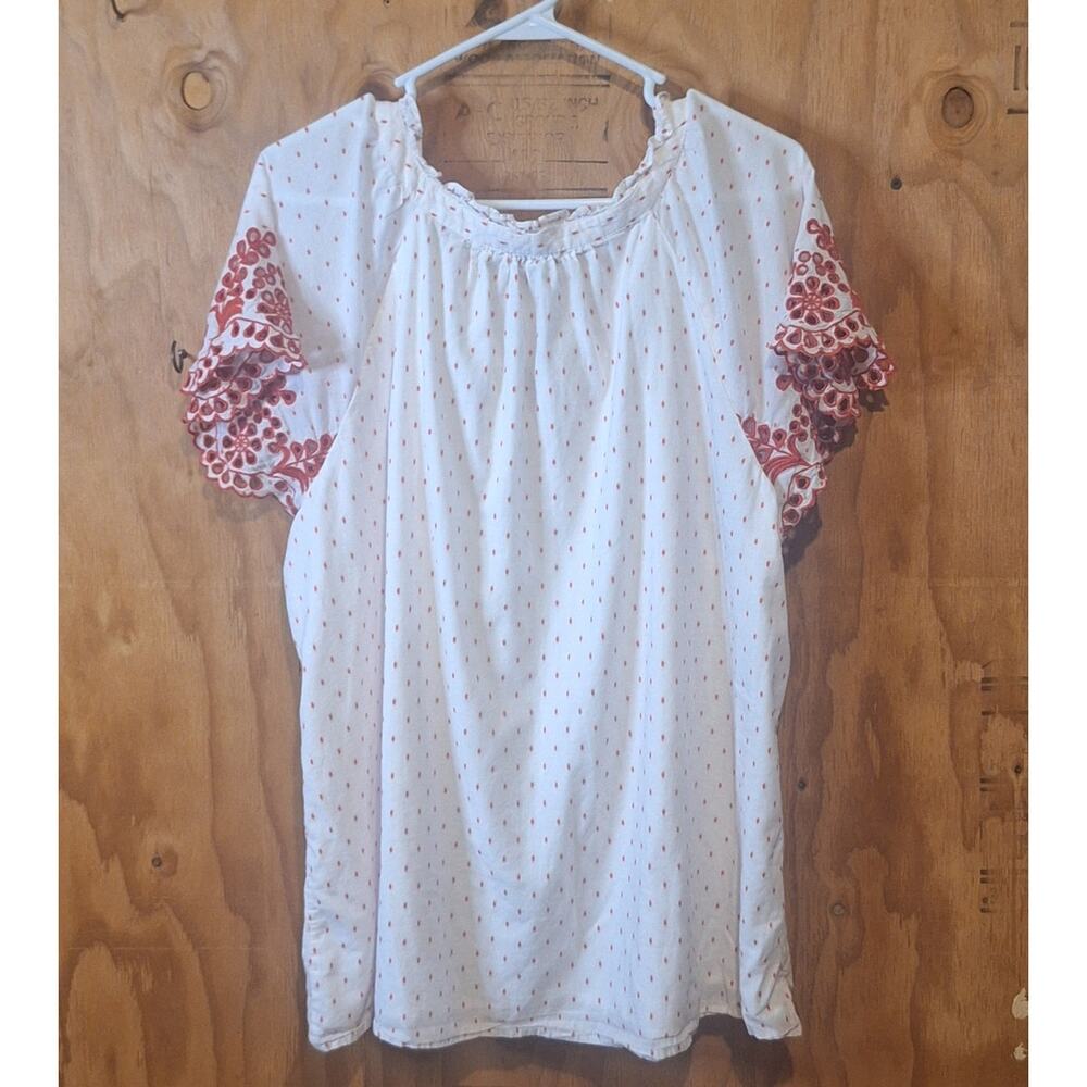Talbots Shirt Womens 2X White Red Eyelets Tasseled Lined Dotted Bohemian Summer - Picture 4 of 8